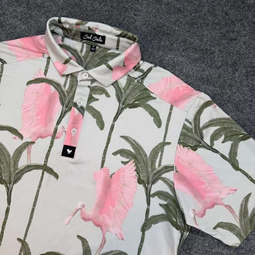 Bad Birdie Polo Shirt Mens Medium Pink Purple Bird Tropical Golf Performance